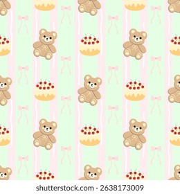 Bears cake on green and pink background, fabric pattern, gift wrapping paper , seamless pattern 