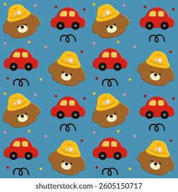 bears and car on blue  background , fabric pattern , gift wrap , seamless pattern