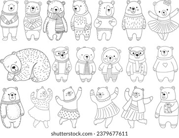 bears character collection, set, line drawing, sketch isolated vector