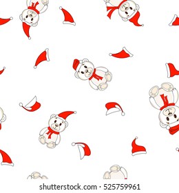 Bears in Christmas hats Santa Claus pattern seamless background.