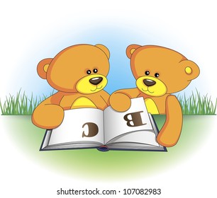 Bears in the clearing with a book in their paws teach letters