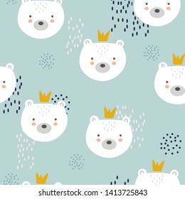 Bears with crowns, hand drawn backdrop. Colorful seamless pattern with muzzles of animals. Decorative cute wallpaper, good for printing. Overlapping colored background vector