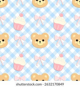 Bären Cupcake, Schleife auf blauem Hintergrund, Stoffmuster, kariert, Umhüllungspapier, Nahtloses Muster 
