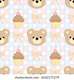 Bears Cupcake, bow on blue and pink background, Fabric pattern, Checkered, Wrapping paper , Seamless pattern 