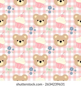 bears Cupcake flowers, checkered pattern ,Pink background, fabric pattern , seamless pattern, gift wrapping paper 