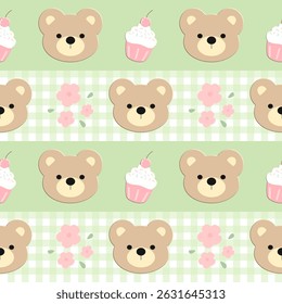 Ursos , flores de cupcake em fundo verde, xadrez, tecido, papel de embrulho, padrão sem costura 