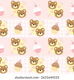 Ursos , cupcake sobre fundo rosa, xadrez, tecido, papel de embrulho , padrão sem costura 