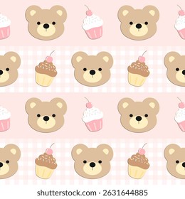 Bears , cupcake on pink background, checkerboard, fabric, wrapping paper , seamless pattern 