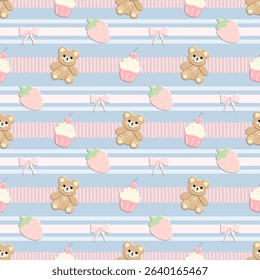 Bears Cupcake  strawberry  bow on blue background, pink lines, fabric pattern, gift wrapping paper, seamless pattern 