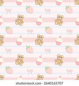 Bears Cupcake  strawberry  bow on pink background, pink lines, fabric pattern, gift wrapping paper, seamless pattern 