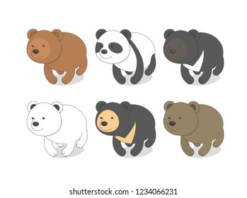 Bears of different breeds cartoon illustration brown white panda and other vector stylized style