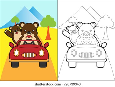 bears driving a car vector cartoon for coloring book or page
