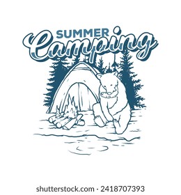 Bears eat fish, near the tent and bonfire in front of the pine trees, Vector Illustration Logo Design.
