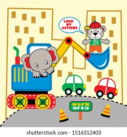 bears and elephants playing on heavy equipment, cartoon vector illustration