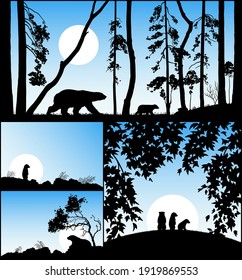 Bears family. Endangered animal isolated silhouette. Mother and child