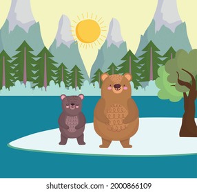 bears family with forest trees river