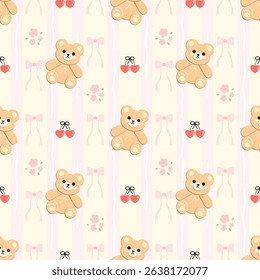 Bears Flowers  bow Cherry on yellow background, fabric pattern, gift wrapping paper , seamless pattern 