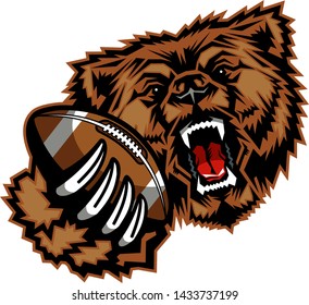 bears football mascot holding ball in claw for school, college or league