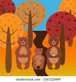 Bears in the forest vector Autumn landscape Acorns Mushrooms Leaves