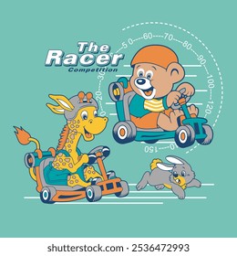 Bears and giraffes  racing cars for competition ,animal cartoon vector illustration