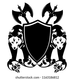 bears guarding heraldic shield with axes and rose flowers - black and white vector design