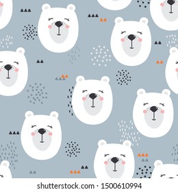 Bears, hand drawn backdrop. Colorful seamless pattern with muzzles of animals. Decorative cute wallpaper, good for printing. Overlapping colored background vector