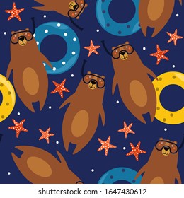 Bears, hand drawn backdrop. Colorful seamless pattern with animals, inflatable circles, sea stars. Decorative cute wallpaper, good for printing. Overlapping background vector
