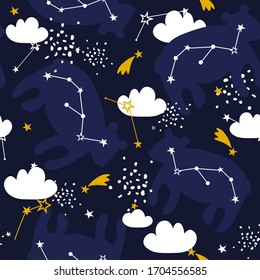 Bears, hand drawn backdrop. Colorful seamless pattern with animals, stars, constellations. Decorative wallpaper, good for printing. Overlapping colored background vector. Design illustration. Zzzz