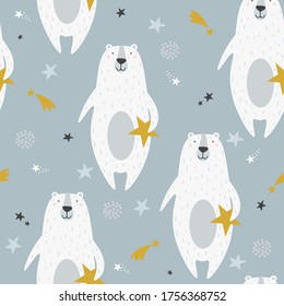 Bears, hand drawn backdrop. Colorful seamless pattern with animals, stars, constellations. Decorative wallpaper, good for printing. Overlapping colored background vector. Design illustration. Zzzz