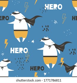 Bears, hand drawn backdrop. Colorful seamless pattern with animals, english text, stars, lightnings. Decorative cute wallpaper, good for printing. Overlapping background, heroes. Design illustration