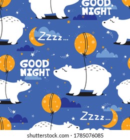 Bears, hand drawn backdrop. Colorful seamless pattern with animals, moon, stars, text. Decorative cute wallpaper, good for printing. Overlapping colored background vector. Design illustration. Zzzz