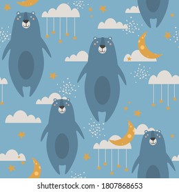 Bears, hand drawn backdrop. Colorful seamless pattern with animals, moon, stars. Decorative cute wallpaper, good for printing. Overlapping colored background vector. Design illustration. Zzzz