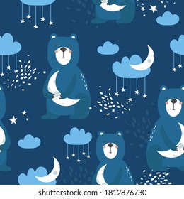 Bears, hand drawn backdrop. Colorful seamless pattern with animals, moon, stars. Decorative cute wallpaper, good for printing. Overlapping colored background vector. Design illustration. Zzzz