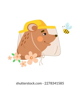 Сute bear's head in beekeeper's hat with bee sting protector looks across at little bee and smiles. Сoncept of beekeeping and honey harvesting in flower meadow. Vector children's cartoon illustration.