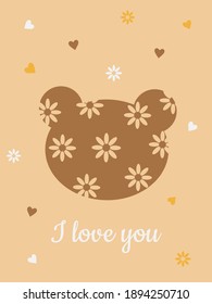 The bear's head is brown with flowers on a beige background. Cute holiday card. Printing illustrations on poster, textiles, clothing, gliders. Vector illustration.