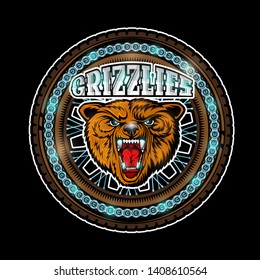 Bear's head in center of motorcycle wheel, color logo on black background