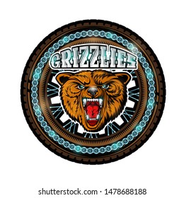 Bear's head in center of motorcycle wheel front view, color logo on white
