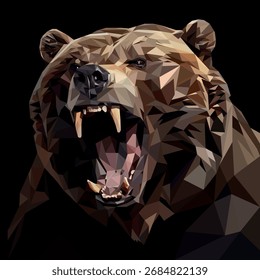 A bear's head in geometric style on a black background. Realistic image