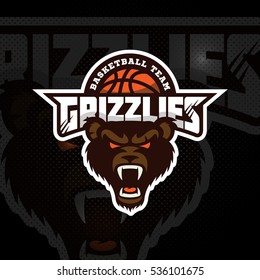 Bear's head mascot for a basketball team on a dark background. Vector illustration.