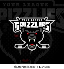 Bear's head mascot for a hockey team on a dark background. Vector illustration.