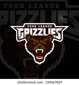 Bear's head mascot for a sport team on a dark background. Vector illustration.