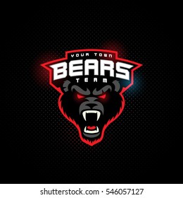 Bear's head mascot for a sport team on a dark background with hotspots. Vector illustration.