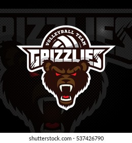 Bear's head mascot for a volleyball team on a dark background. Vector illustration.