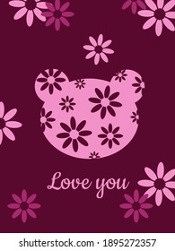 The bear's head is pink with flowers on a purple background. Cute holiday card.  Printing illustrations on poster, textiles, clothing, gliders. Vector illustration.