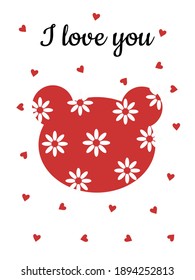 The bear's head is red with flowers on a white background with heart. Cute holiday card. Printing illustrations on poster, textiles, clothing, gliders. Vector illustratio