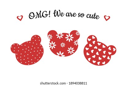 The bear's head is red with flowers, polka dots and hearts on a white background. Cute holiday card. Printing illustrations on poster, textiles, clothing, gliders. Vector