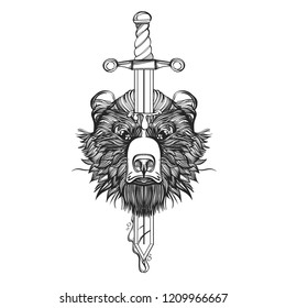 Bear's head with a sword. Outline vector illustration isolated on white background for tattoos, posters, print on T-shirts and other items.