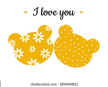 The bear's head is yellow with flowers, polka dot. Cute holiday card. Printing illustrations on poster, textiles, clothing, gliders. Vector illustration.