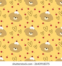 Bears heart cherry on yellow background, fabric pattern, gift wrapping paper, seamless pattern 