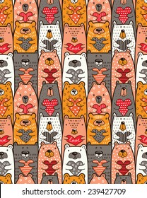 Bears with hearts. Vector seamless pattern
